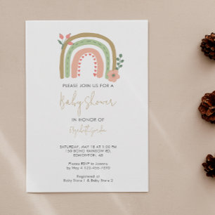 Cute Boho Rainbow Baby Shower Flowers Earth Tones Inbjudningar