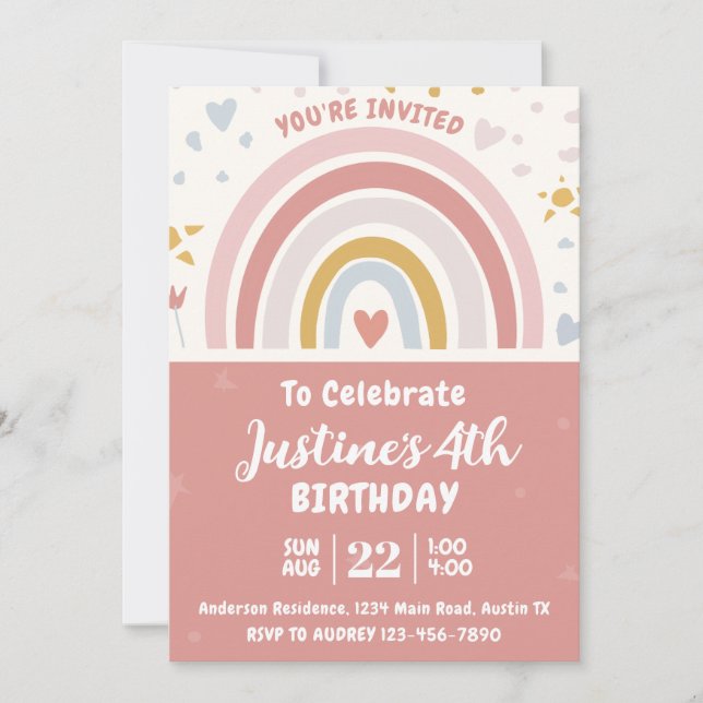 Cute Boho Rainbow Födelsedagsfest Inbjudningar (Framsida)