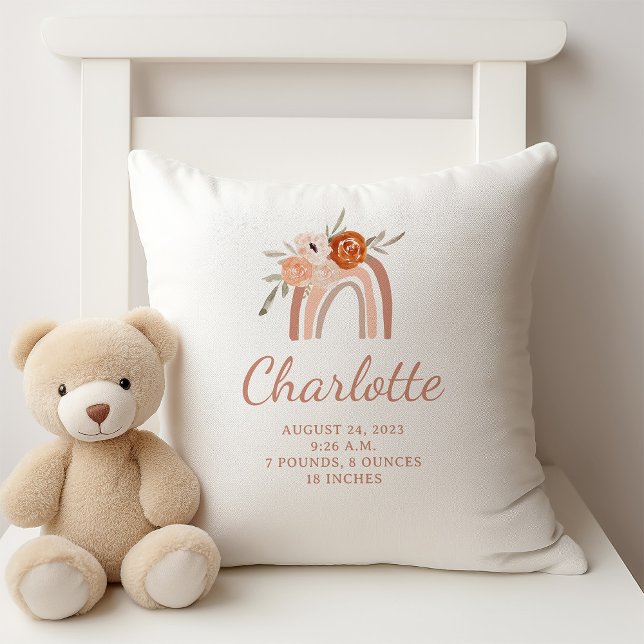 Cute Boho Rainbow | Nyfödda Baby Kudde (A cute, boho baby birth stats pillow with a terracotta rainbow and flowers)