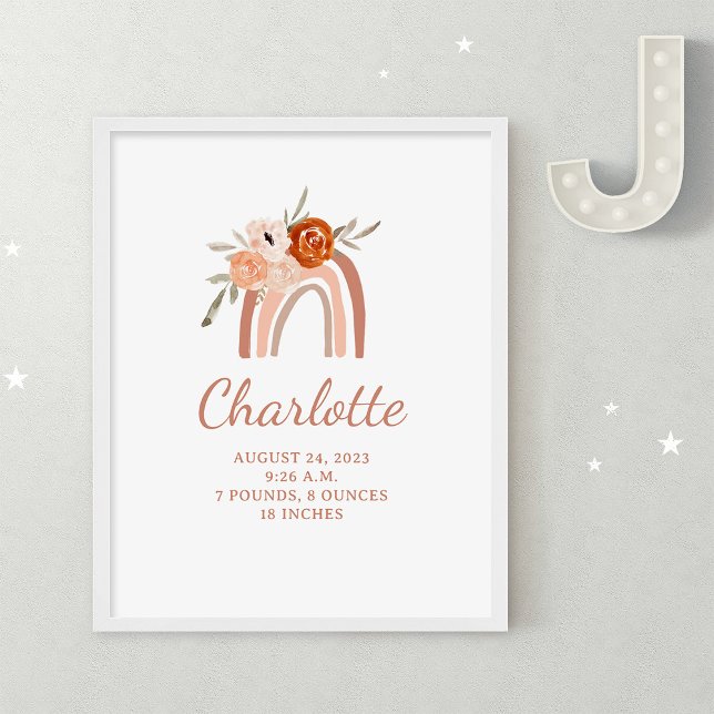 Cute Boho Rainbow | Nyfödda Baby Poster (A cute, boho baby birth stats poster with a terracotta rainbow and flowers)