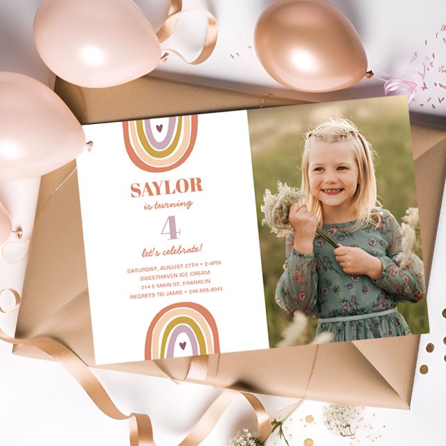 Cute Boho Rainbow Peach Photo Birthday Inbjudningar (Skapare uppladdad)