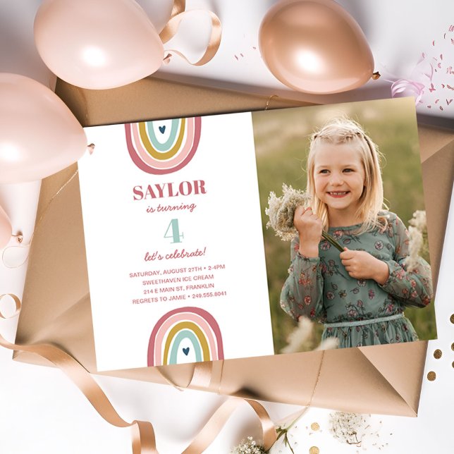 Cute Boho Rainbow Rosa Photo Birthday Inbjudningar (Skapare uppladdad)