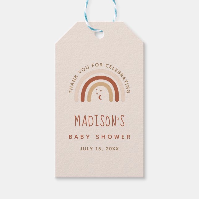 Cute Boho Rainbow Terracotta Baby Shower Måne Star Presentetikett (Framsidan)