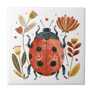 Cute Boho Red Ladybug Scandinavian Folk Art Kakelplatta