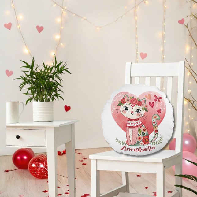 Cute Boho Valentine Cat Rund Kudde (Skapare uppladdad)
