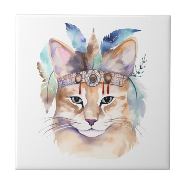 Cute boho vattencolor hippie cat design kakelplatta (Framsidan)