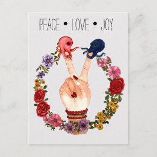 Cute Boho Watercolor Blommigt Octopus Peace Kärlek Vykort