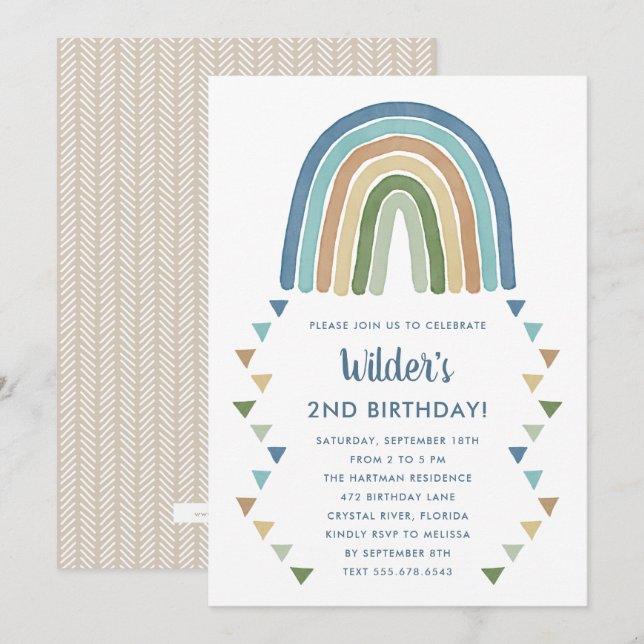Cute Boho Watercolor Rainbow Birthday Blue Inbjudningar (Fram/baksida)