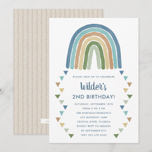 Cute Boho Watercolor Rainbow Birthday Blue Inbjudningar