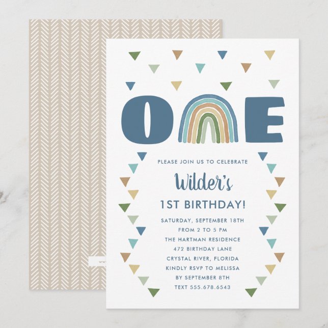 Cute Boho Watercolor Rainbow Birthday Blue Inbjudningar (Fram/baksida)