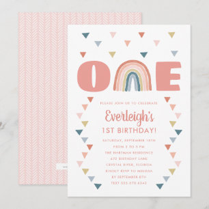 Cute Boho Watercolor Rainbow Birthday Coral First Inbjudningar