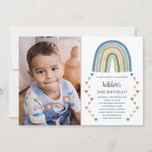 Cute Boho Watercolor Rainbow Photo Birthday Blue Inbjudningar