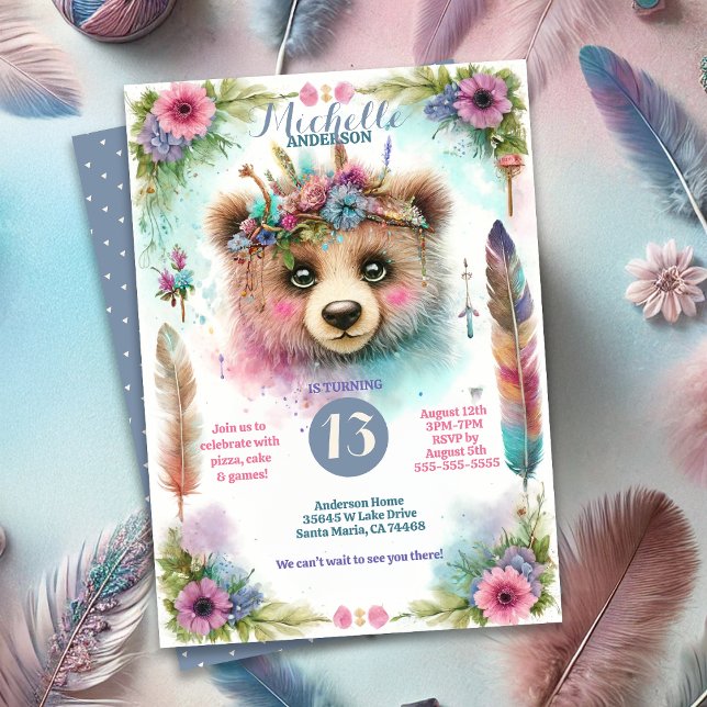 Cute Boho Watercolor Woodland Bea Födelsedagsfest Inbjudningar (Skapare uppladdad)