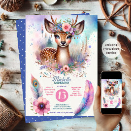 Cute Boho Watercolor Woodland Födelsedagsfest Hjor Inbjudningar