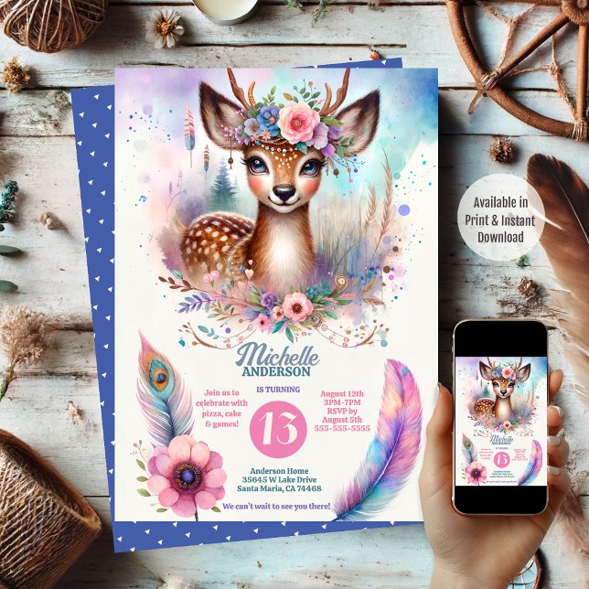Cute Boho Watercolor Woodland Födelsedagsfest Hjor Inbjudningar (Available in Print and Instant Download)
