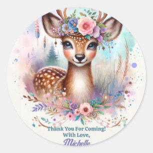 Cute Boho Watercolor Woodland Födelsedagsfest Hjor Runt Klistermärke