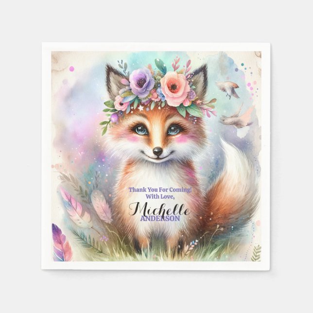 Cute Boho Watercolor Woodland Fox Födelsedagsfest Pappersservett (Framsidan)