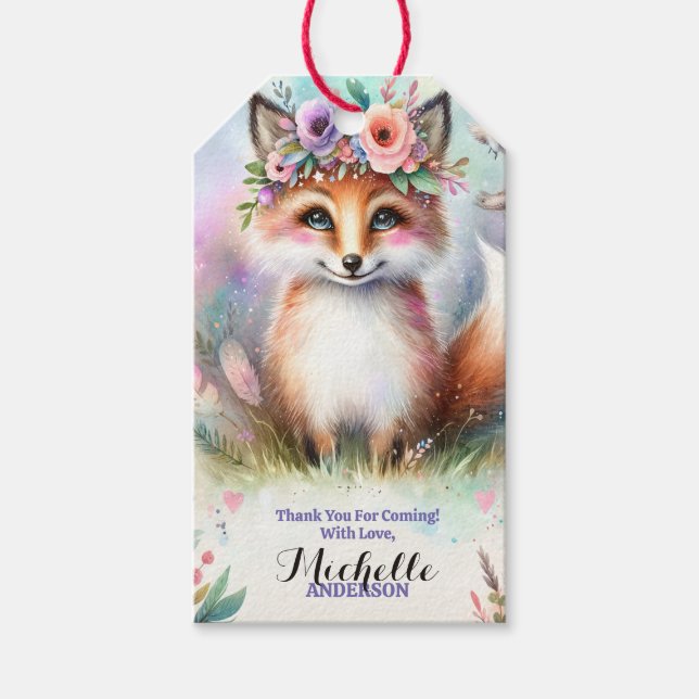 Cute Boho Watercolor Woodland Fox Födelsedagsfest Presentetikett (Framsidan)