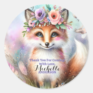 Cute Boho Watercolor Woodland Fox Födelsedagsfest Runt Klistermärke