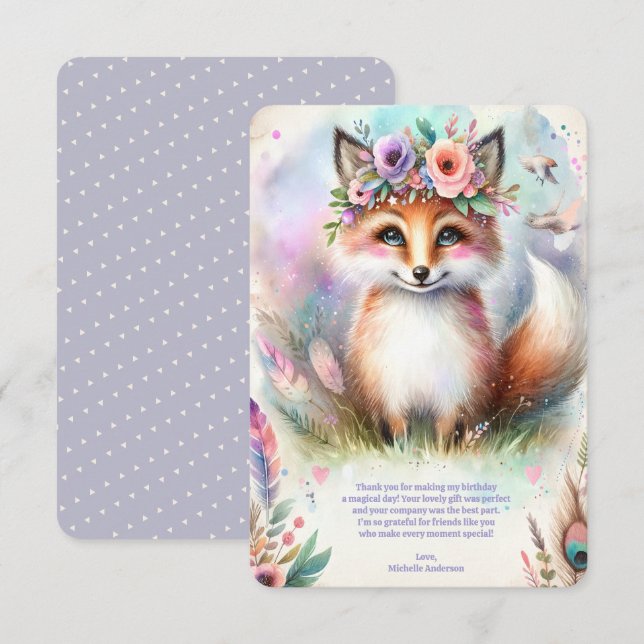 Cute Boho Watercolor Woodland Fox Födelsedagsfest Tack Kort (Fram/baksida)