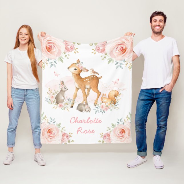Cute Boho Woodland Animals Rosa Blommigt Flicka Fleecefilt (På plats)