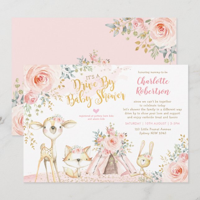 Cute Boho Woodland Drive by Girl Baby Shower Inbjudningar (Fram/baksida)