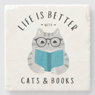 Cute Bok Älskare Cat Reading Bok Stenunderlägg