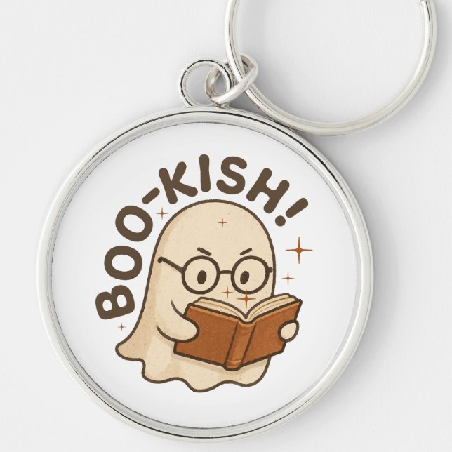 Cute Bok Reading Ghost Funny Bookworm Halloween Rund Silverfärgad Nyckelring (Framsidan)