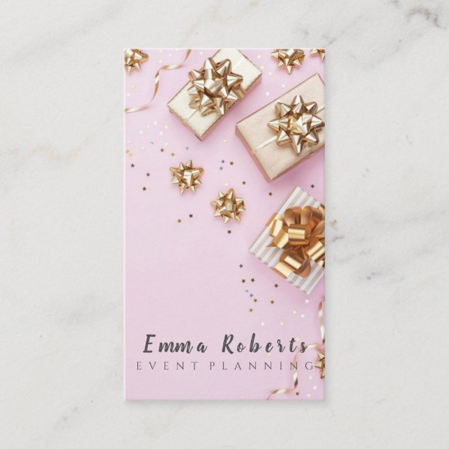 Cute Bokeh och Ro Guld Sequin Event Planner Busi Visitkort (Framsida)