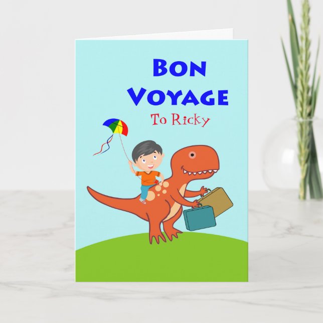 Cute Bon Voyage för barn, Boy on Dinosaur Kort (Framsida)