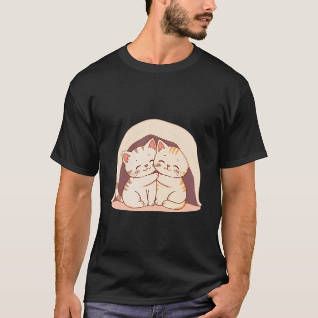 Cute Bonded Kittens Hugging Under Blanket Art ✨🐾 T Shirt (Framsida)