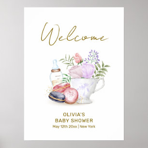 Cute Bonjour Macarons Mjölk Tea Baby Shower Välkom Poster