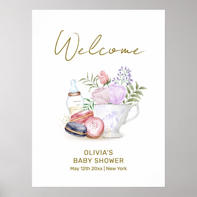 Cute Bonjour Macarons Mjölk Tea Baby Shower Välkom Poster (Framsidan)