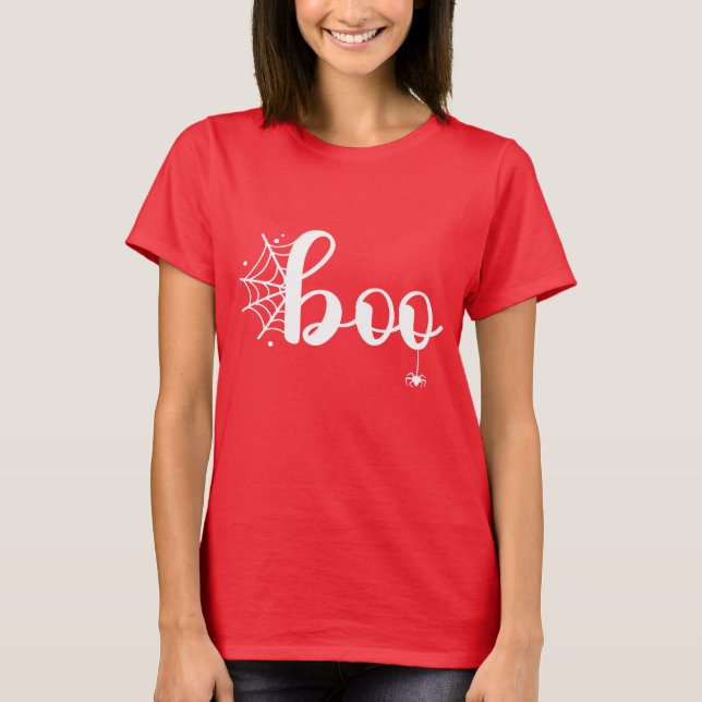 Cute "Boo" Halloween-skript med spider och Webben T Shirt (Framsida)