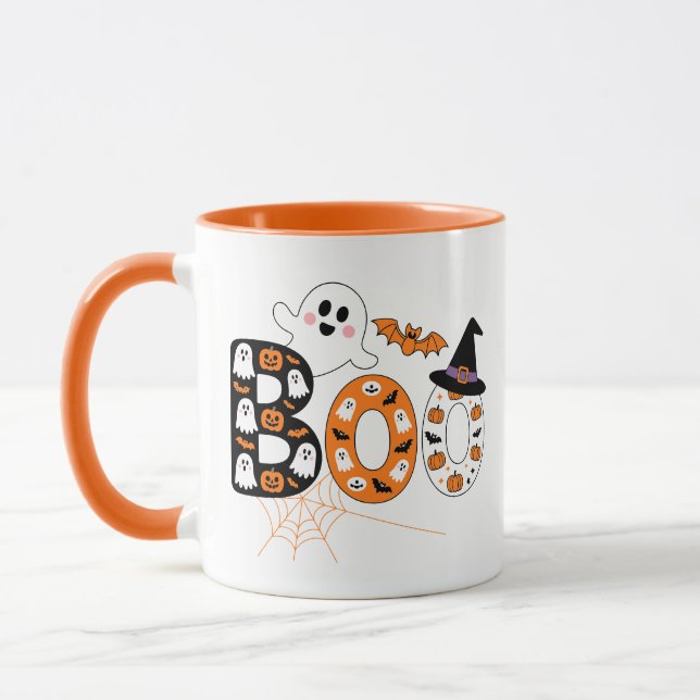 Cute BOO Lettering Ghost and Pumpkin Halloween Mugg (Vänster)