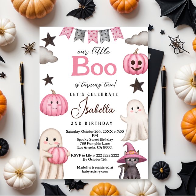 cute boo party pink ghost – Halloween 2nd birthday Inbjudningar (Skapare uppladdad)