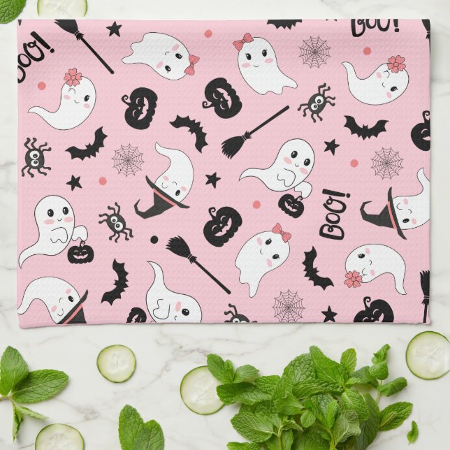 Cute Boo Spooky Ghost Halloween Rosa Girl Girl Kökshandduk (Vikta)