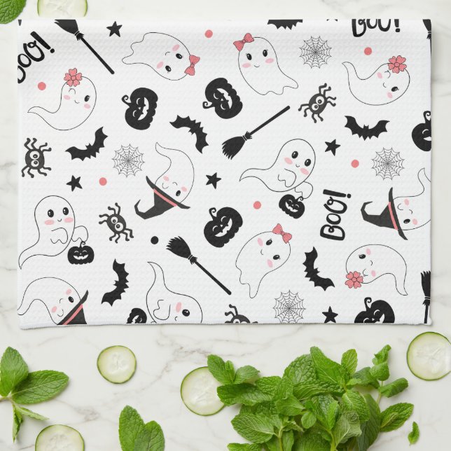 Cute Boo Spooky Ghost Halloween Rosa Girl Girl Kökshandduk (Vikta)