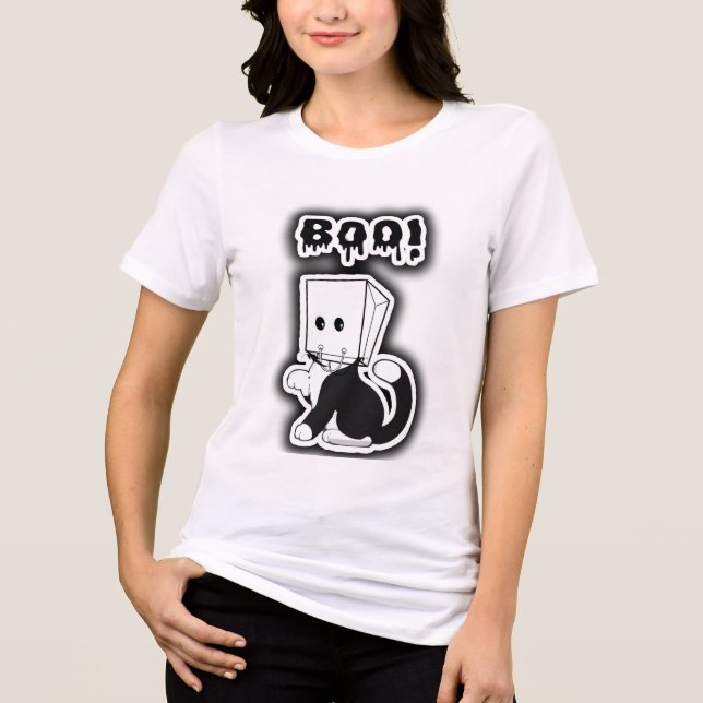 Cute "Boo"! Svart katt med Papper bag-mask T Shirt (Framsida)