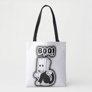 Cute "Boo"! Svart katt med Papper bag-mask Tygkasse