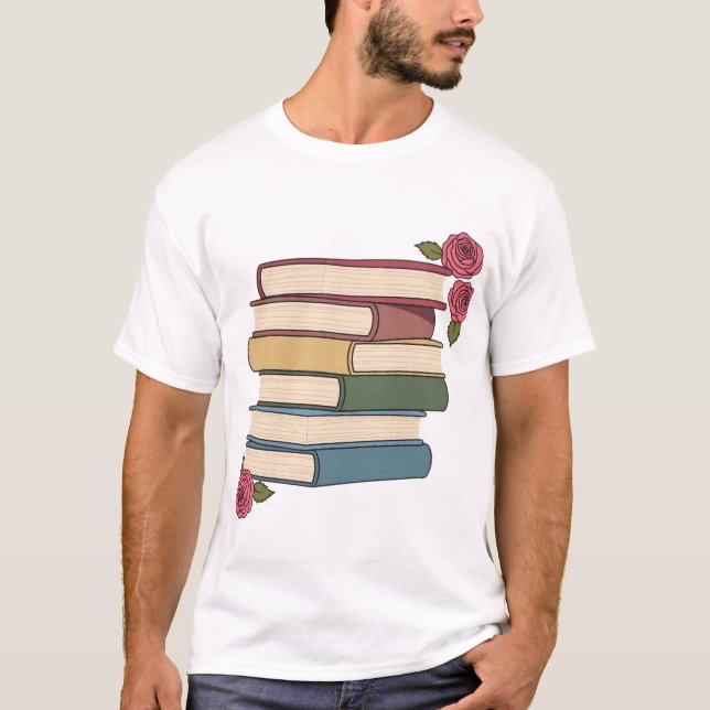 Cute Book Stack with Roses T Shirt (Framsida)