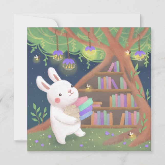 Cute Bookaholic Bunny Illustration Inbjudningar (Framsida)