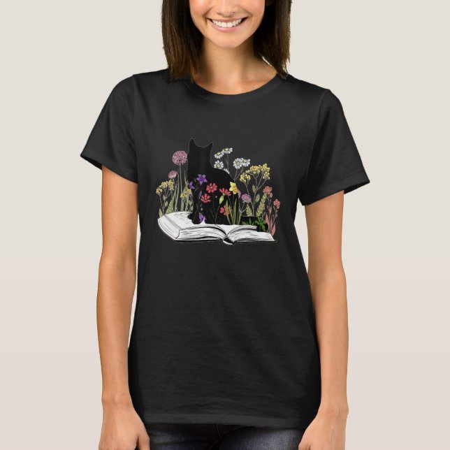 Cute Bookworm Flower Plant Bok Reading Cat Kattung T Shirt (Framsida)