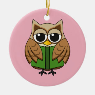 Cute Bookworm Uggla Reading Bok Tecknad Julgransprydnad Keramik