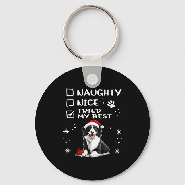 Cute Border Collie Dog Christmas Naughty Nice Trie Nyckelring (Framsida)