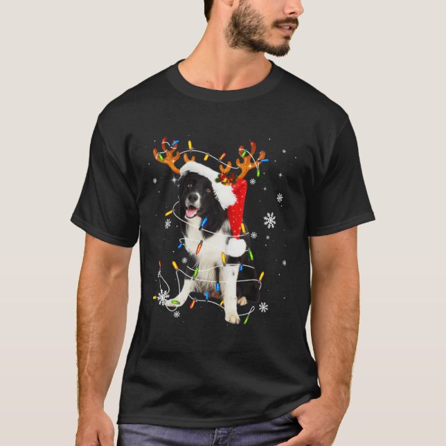 Cute Border Collie Dog Lights Santa Hat Xmas Tree  T Shirt (Framsida)