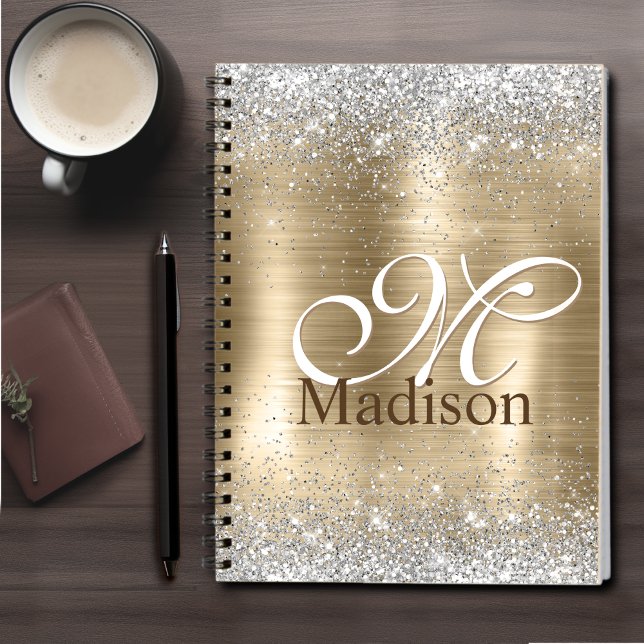 Cute borstad guld faux silver glitter monogram anteckningsbok (Skapare uppladdad)
