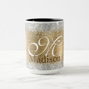 Cute borstad guld faux silver glitter monogram mugg