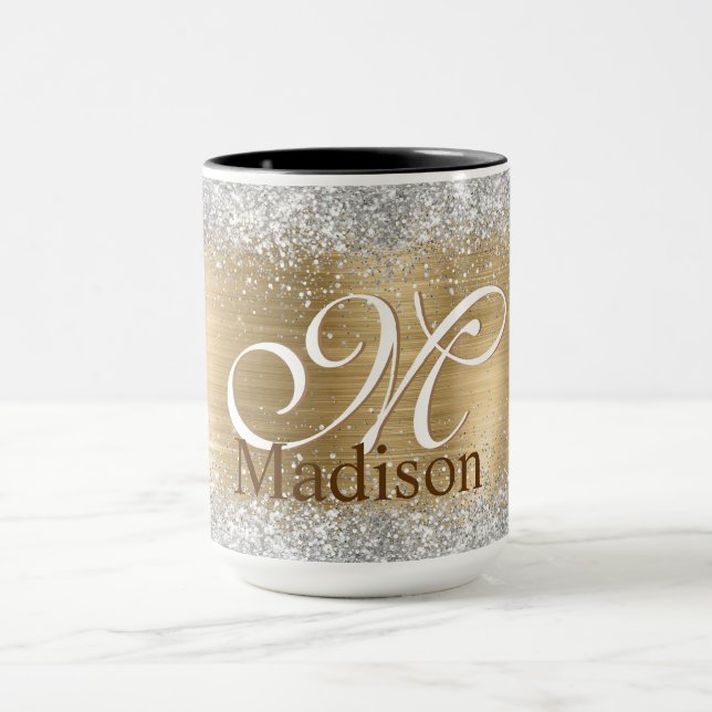 Cute borstad guld faux silver glitter monogram mugg (Center)