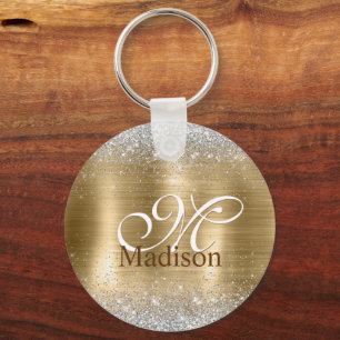 Cute borstad guld faux silver glitter monogram nyckelring